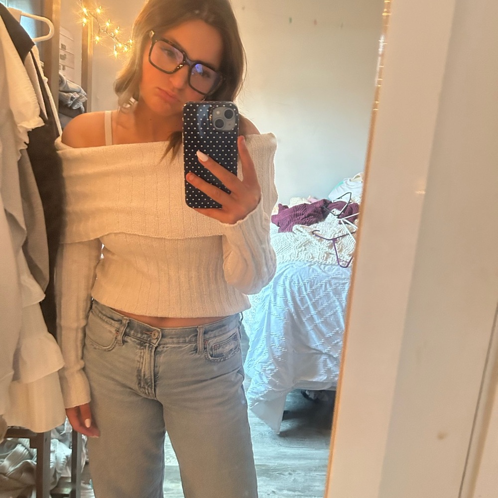 Pink Rose Off-Shoulder White Sweater